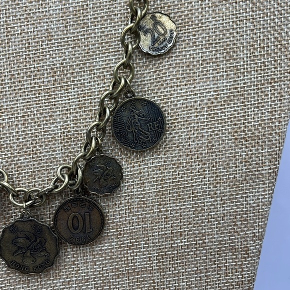 Coin Necklace by Vicky Jousan Antiqued Gold Tone Hong Kong Assorted Coins 
Large - Picture 4 of 13